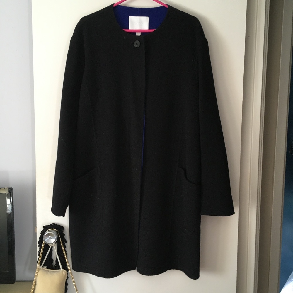 HUGO BOSS Black + Blue Lined CAMORA Cashmere Blend Double Faced Coat 12 L